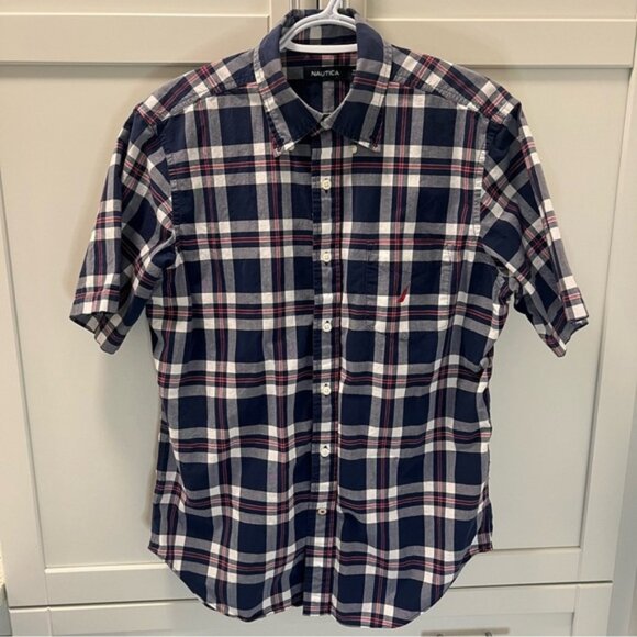 Other - NAUTICA Plaid Navy Red Short Sleeved Shirt Men's Medium